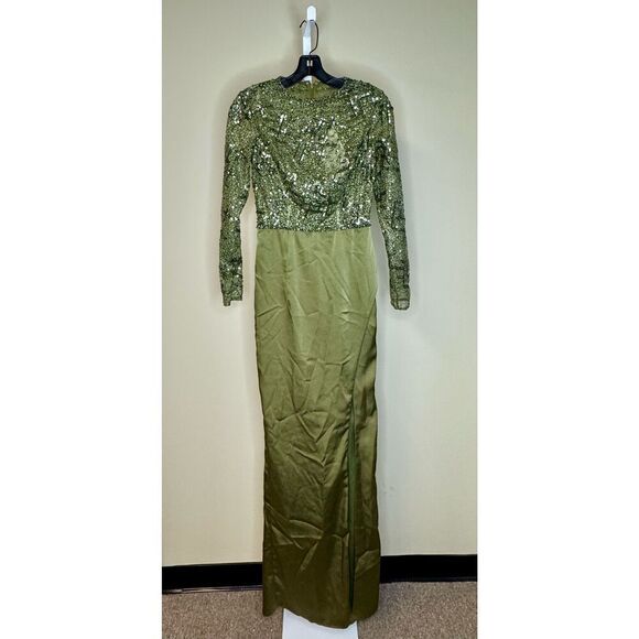 Mac Duggal NWT Embellished High Neck Bodice Faux Wrap Gown in Olive Size 2 - Picture 1 of 7